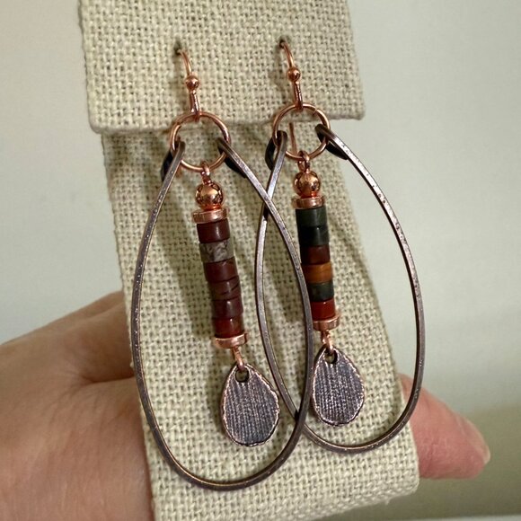 Copper Drop Hoop Teardrop Earrings Multicolor Beads Boho Earthy Indie Artistic - Picture 1 of 8